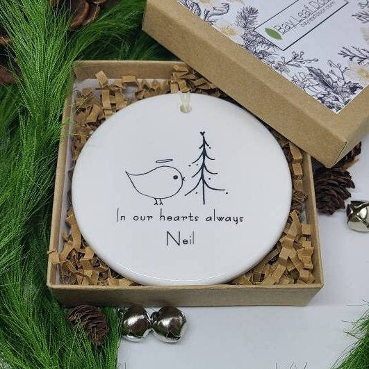 Ornament Sympathy, Memorial Gift, Minimalist Ornament, Sympathy Gift - line drawn bird with name