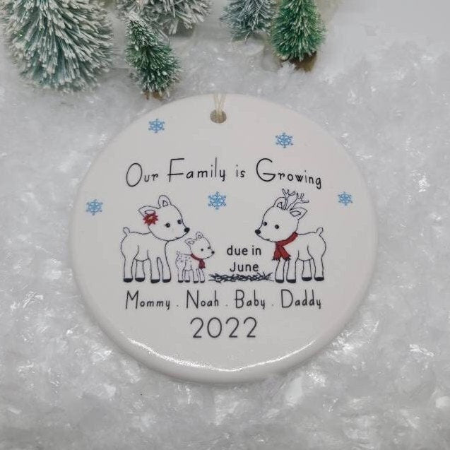 Ornament Growing Family, Expecting, Woodland Deer, Family Ornament - your family names and month due