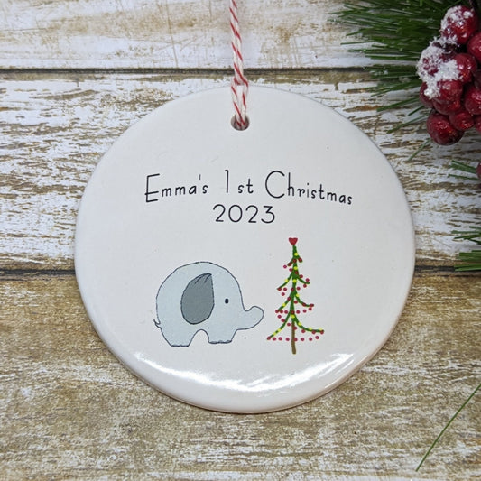 Ornament: Personalized Line Drawn Baby's First Christmas, Elephant