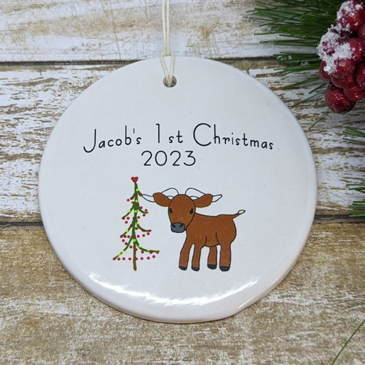 Ornament: Personalized Line Drawn Baby's First Christmas, Cow