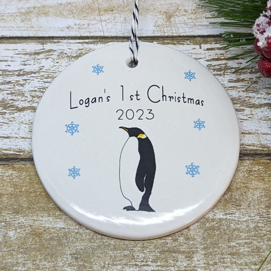 Ornament: Personalized Line Drawn Baby's First Christmas, Penguin