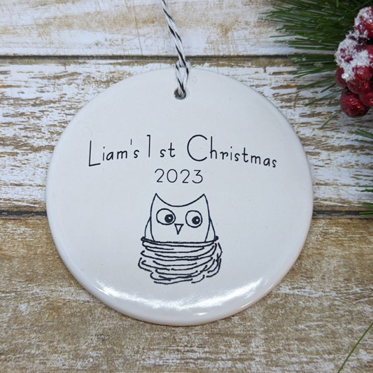 Ornament: Personalized Line Drawn Baby's First Christmas, Owl