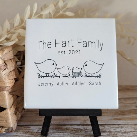 Custom Family Name Sign, YOUR Last Name with optional established year, tile with choice of easel color, easel sign - easel included