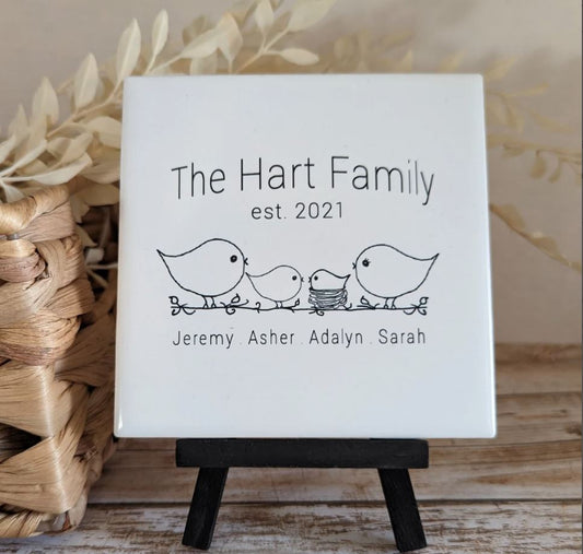 Custom Family Name Sign, YOUR Last Name with optional established year, tile with choice of easel color, easel sign - easel included