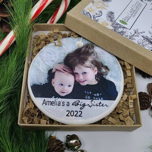 Ornament Big Sister, Ceramic Sibling Ornament, Personalized Big Brother Ornament - your photo and Child's name