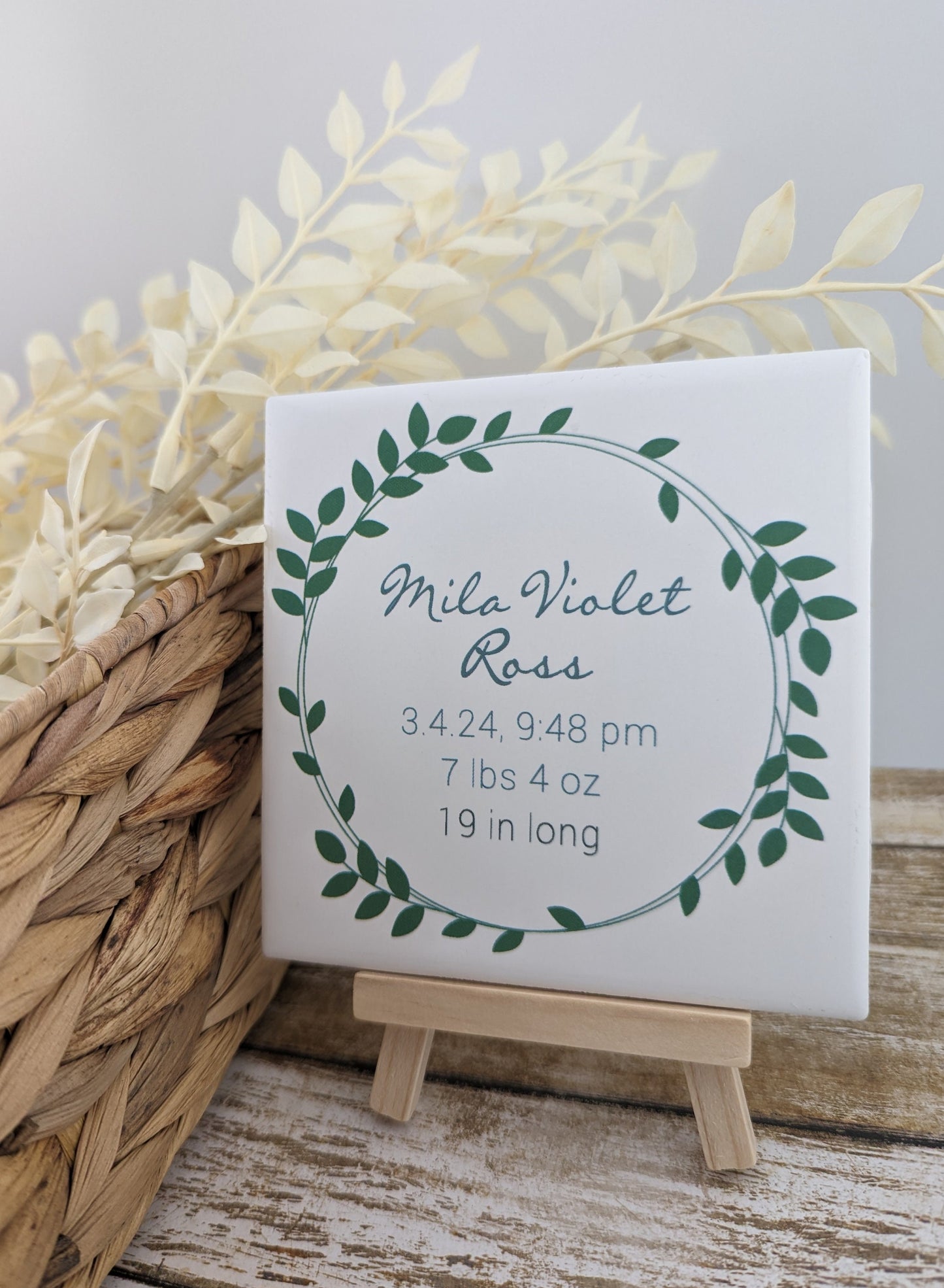 Custom Nature Baby Birth Date Sign, YOUR Baby's name and birth info tile with easel sign - easel included
