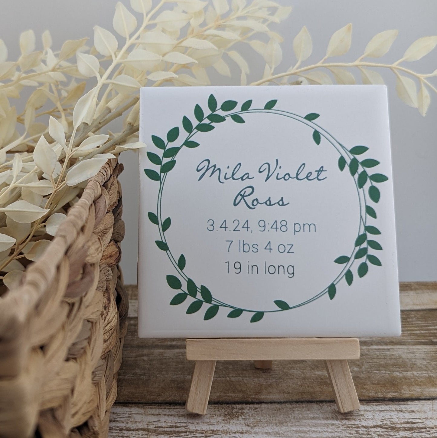 Custom Nature Baby Birth Date Sign, YOUR Baby's name and birth info tile with easel sign - easel included