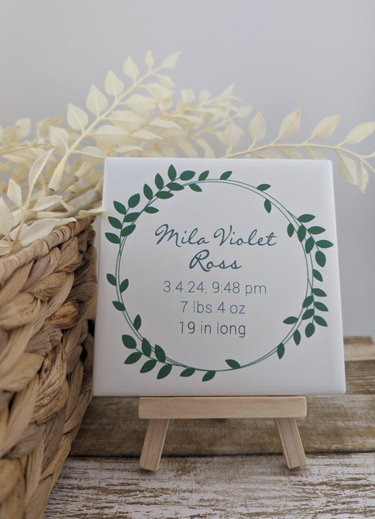 Custom Nature Baby Birth Date Sign, YOUR Baby's name and birth info tile with easel sign - easel included
