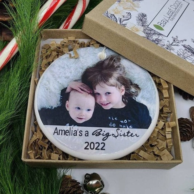 Ornament Big Sister, Ceramic Sibling Ornament, Personalized Big Brother Ornament - your photo and Child's name