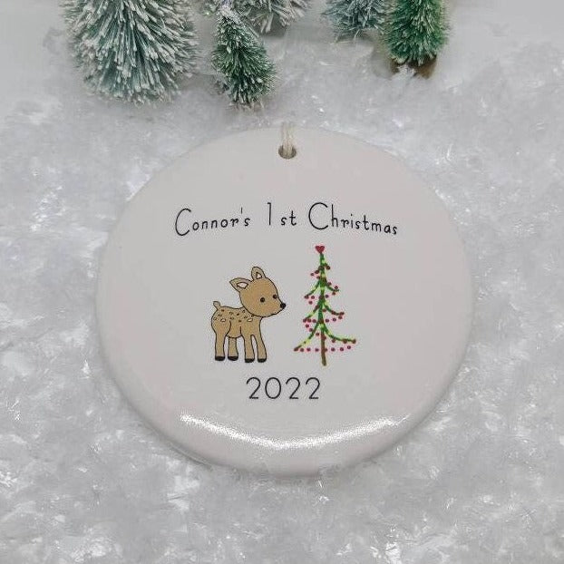 Ornament Woodland Deer, Baby's 1st Christmas, Custom Ornament, Line Drawn Ornament, Minimalist Ornament - your child's name