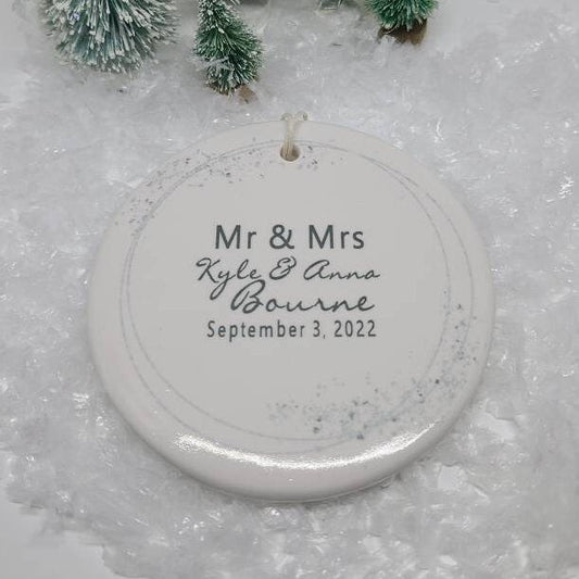 Ornament Just Married, Mr and Mrs Ornament, Custom Christmas, Personalized Ornament - gold or silver accent border