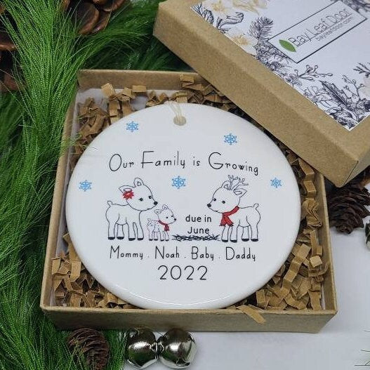Ornament Growing Family, Expecting, Woodland Deer, Family Ornament - your family names and month due