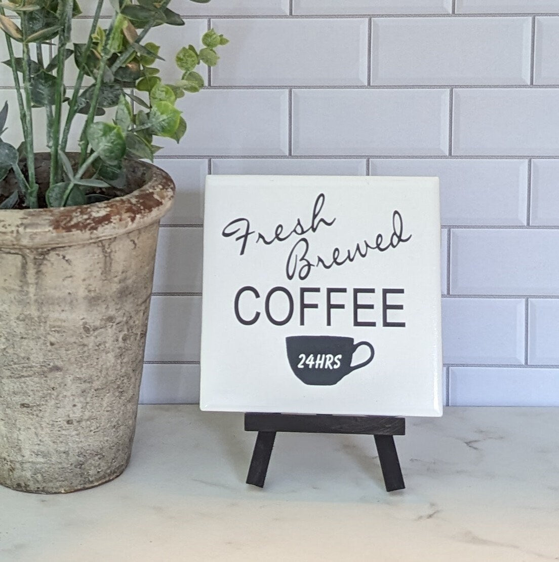 Coffee Bar sign, easel sign, fresh brewed coffee tile sign - easel included, your color choice