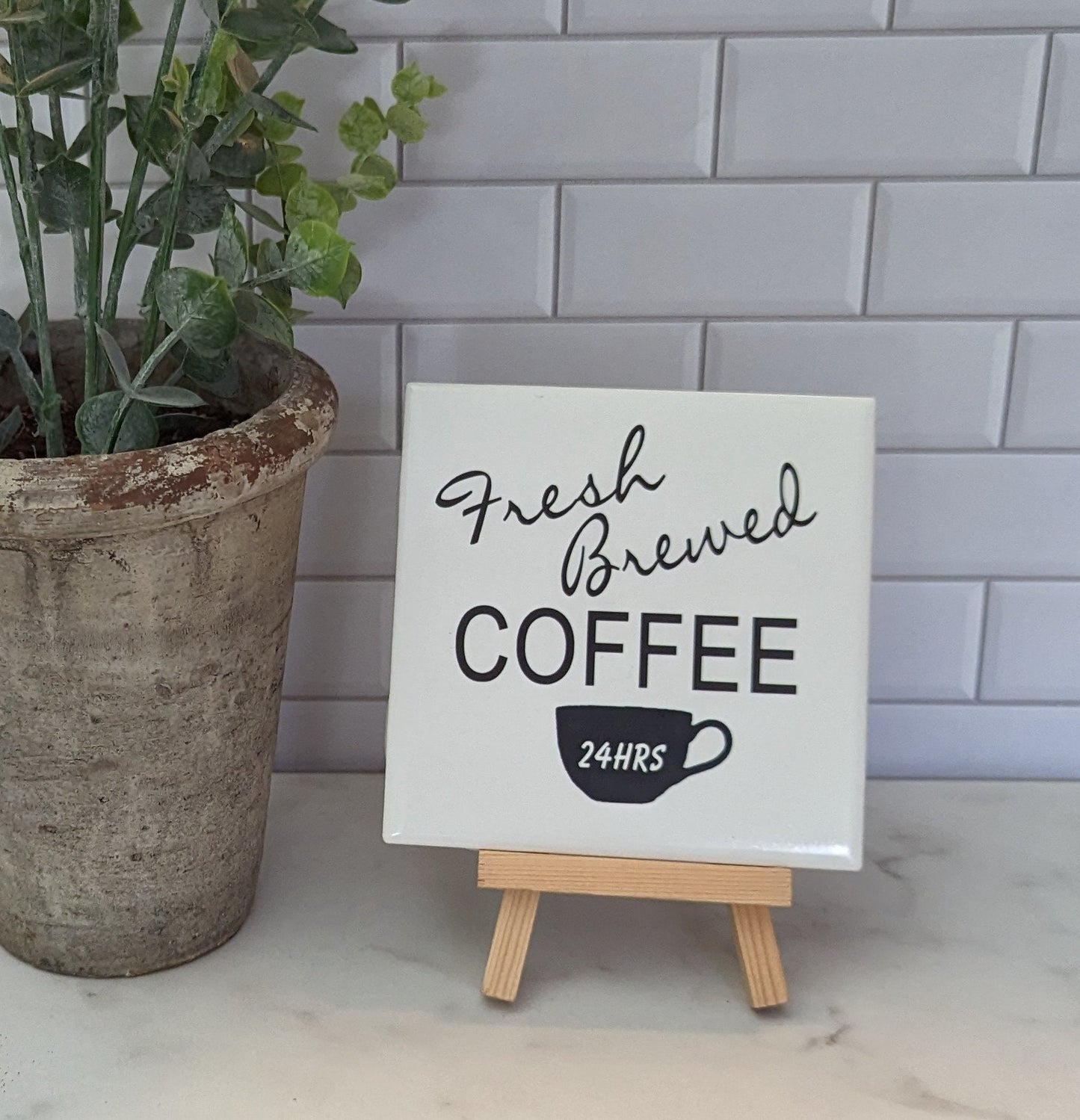 Coffee sign, easel sign, fresh brewed coffee tile sign - easel included, your color choice
