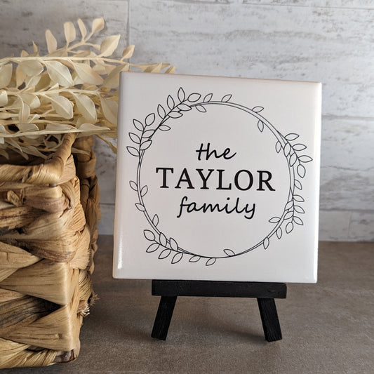 Custom Family Name Sign, YOUR Last Name tile with choice of leaf color, easel sign - easel included, leaf color choice