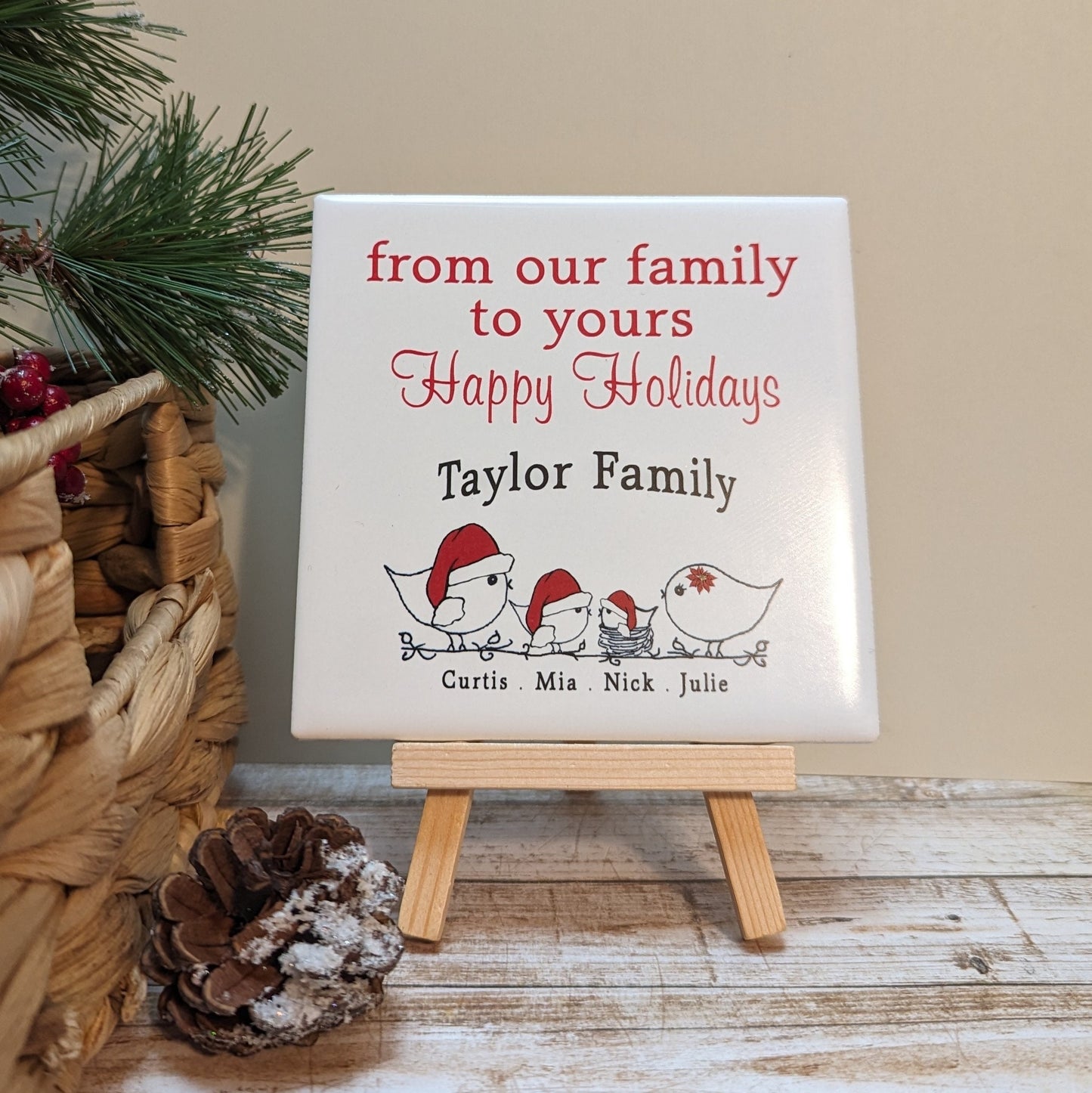 Custom Family Name Holiday Sign, YOUR Names,   tile with choice of easel color, easel sign - easel included
