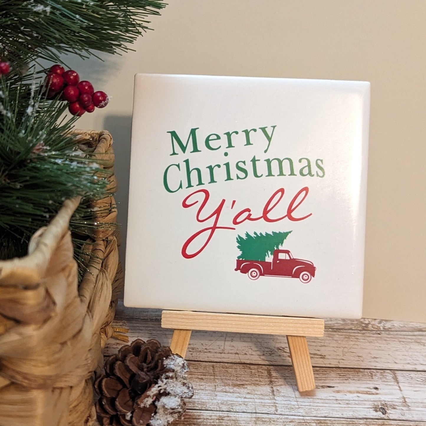 Merry Christmas Y'all signs, easel sign, tile sign - easel included, your color choice