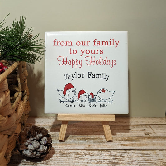 Custom Family Name Holiday Sign, YOUR Names,   tile with choice of easel color, easel sign - easel included