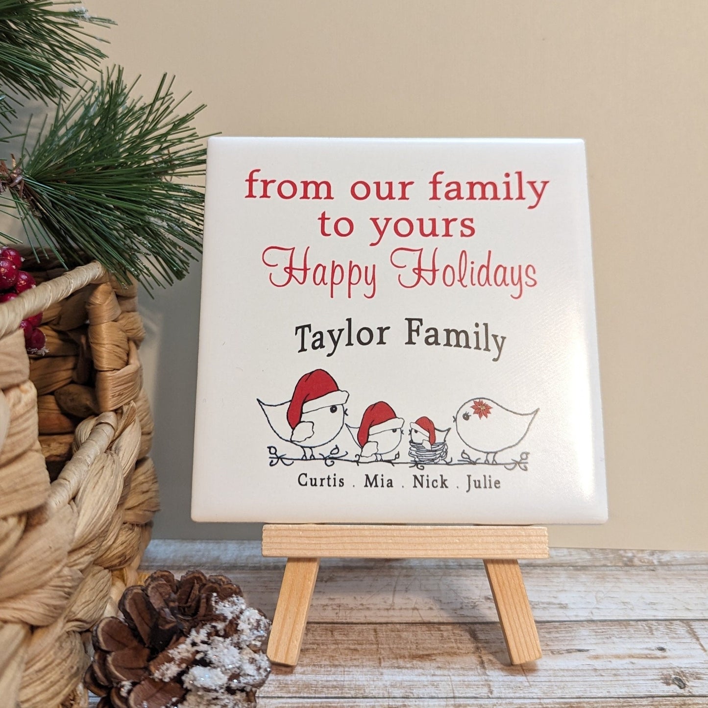 Custom Family Name Holiday Sign, YOUR Names,   tile with choice of easel color, easel sign - easel included